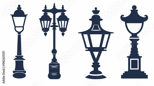 Collection of four silhouette illustrations, various designs of traditional, ornate street lamps