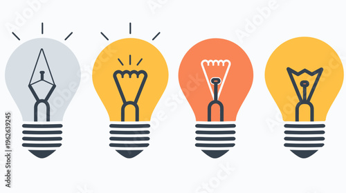 A group of four colorful, illustrated light bulbs in different shades, ideas and inspiration
