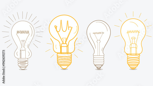 Four light bulbs in shades of brown and yellow, each radiating energy lines
