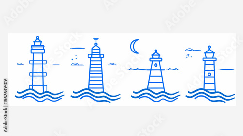 Four stylized blue line-art lighthouses at sea, with waves, clouds, birds, and a crescent moon