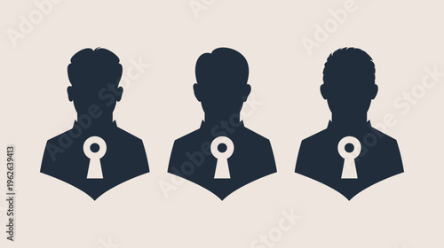 Three stylized human silhouettes, each with a keyhole integrated into their chest area