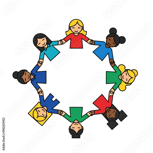Diverse children holding hands in circle.
