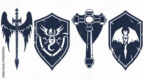 Collection of fantasy-themed emblems, featuring swords, shields, and a war hammer in a dark, stylized format
