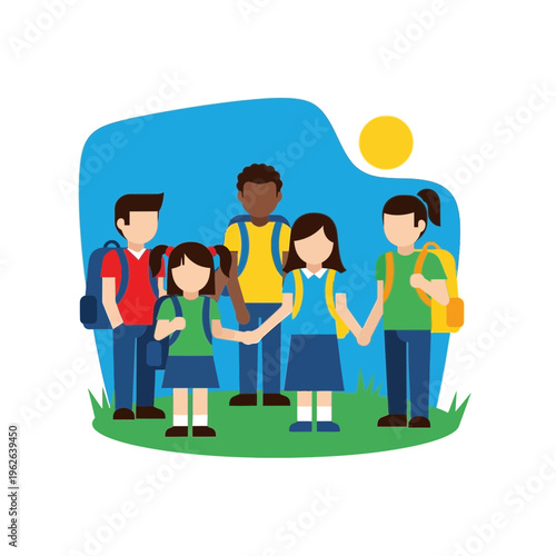 Diverse group of school children standing together.