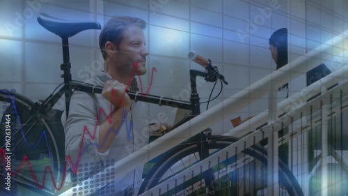 Animation of financial data processing over carrying bicycle