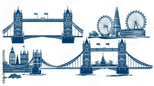Artistic depiction featuring iconic landmarks, bridges, and Ferris wheel, in a dark blue hue
