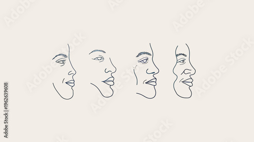 Four abstract blue outlined faces in profile, arranged horizontally on a cream background