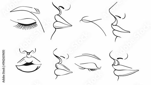 Black outline drawings of various facial features (eyes, lips, noses) on a white ground