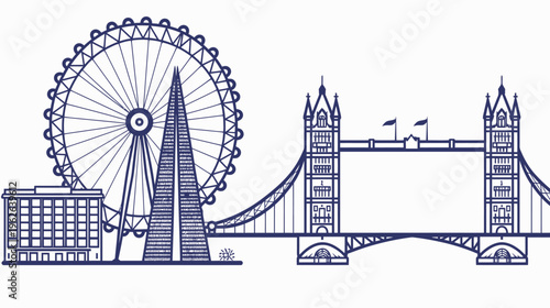 Stylized line drawing showcasing an iconic city's landmarks a towering Ferris wheel and a bridge