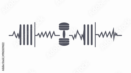 Fitness-themed design barbell flanked by pulse lines and stacks of vertical bars, on a white backdrop