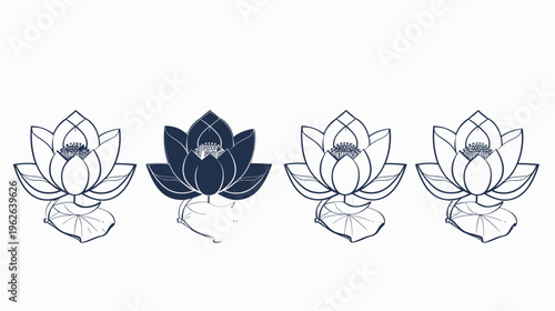 A row of four stylized lotus flower illustrations on white, one dark blue