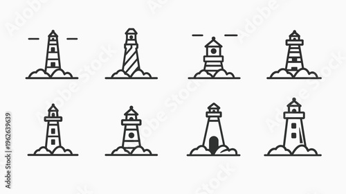 Collection of stylized lighthouse icons in various designs and angles on a clean white background