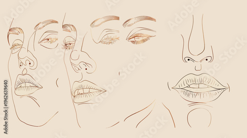Abstract face sketch of multiple parts in brown lines on a light tan background