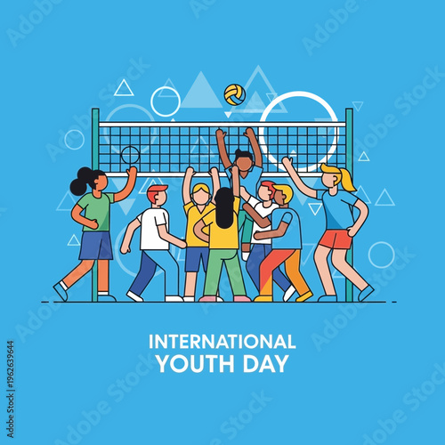 Diverse group celebrating International Youth Day with volleyball.
