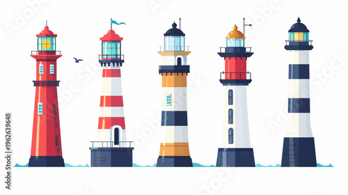 A row of five colorful lighthouses standing on gentle waves against a white backdrop