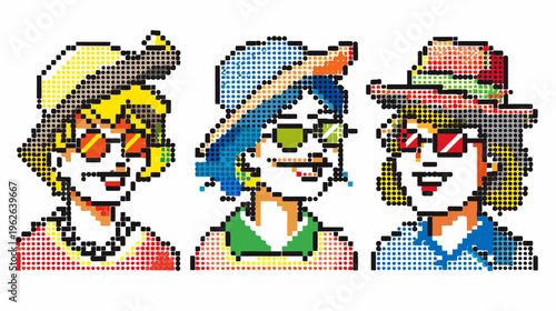 Three stylized pixel art portraits wearing hats and glasses against a white backdrop