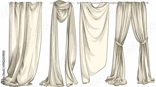 A digitally rendered image of several drapes in different styles, with folds and flow