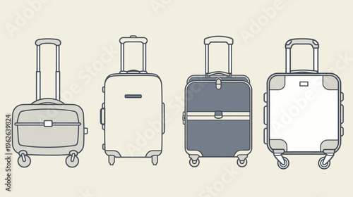 Line art illustration of four rolling suitcases in various designs and color palettes