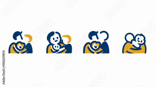 Four stylized illustrations depict affection and family dynamics, featuring hugs and parent-child interactions