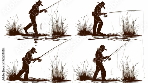 Silhouetted angler in a hat fishing in a river, replicated four times with slight variations