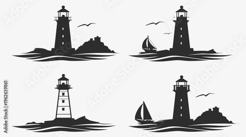 Four black silhouette images of lighthouses on rocky islands and in the sea with seabirds flying
