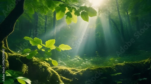 Sunlight piercing through the lush green forest canopy, illuminating mossy roots and vibrant leaves with ethereal rays, creates a tranquil and captivating woodland scene
