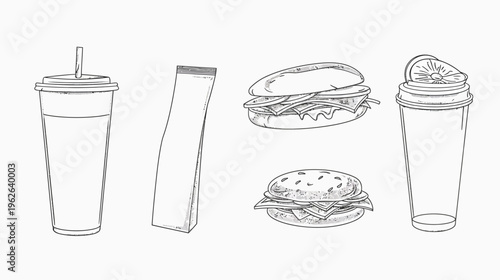A hand-drawn illustration of fast food items drinks, burger, sub, and bag