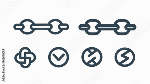 Collection of various dark blue icons featuring chains, check marks, knots, and stylized symbols