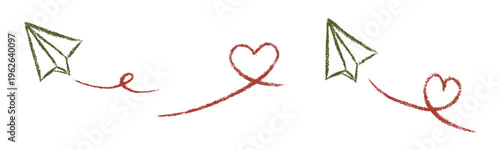 Hand Drawn Paper Airplane and Heart Set, Crayon Scribble Flight Paths for Scrapbooking and Journaling, Vintage Cottagecore Vector Illustration Collection
