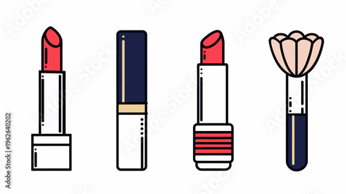 A cartoon image featuring makeup items, including lipsticks and a makeup brush, in various styles
