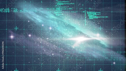 Animation of graphical programming data and grid pattern moving amidst galaxy