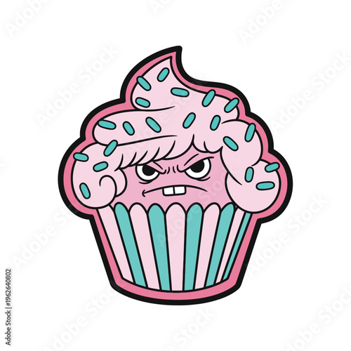 Cartoon Angry Pink Cupcake Character Face.