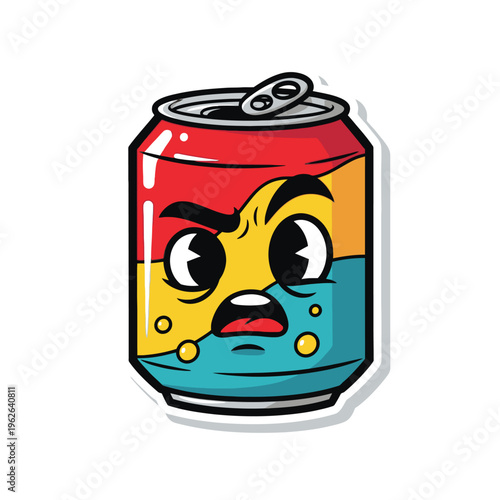 Colorful soda can with cartoon face.