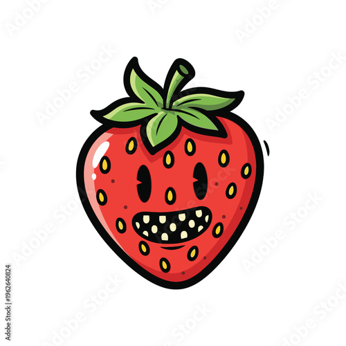 Smiling Strawberry Fruit With Green Leaves.