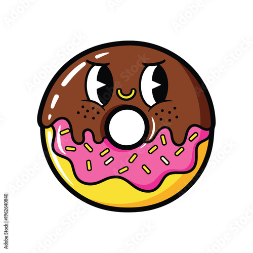 Cartoon chocolate donut with pink icing.
