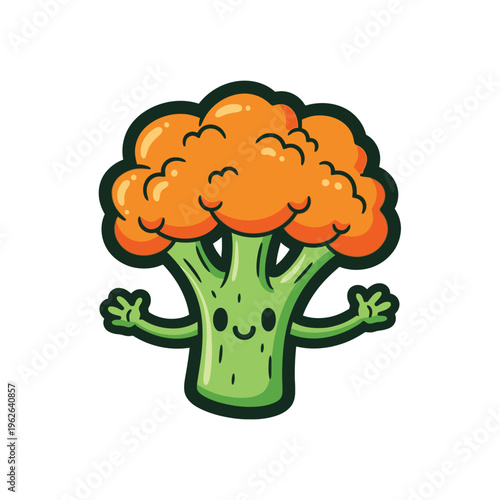 Smiling cartoon broccoli vegetable character.