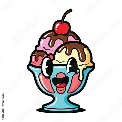 Cartoon ice cream sundae with cherry.