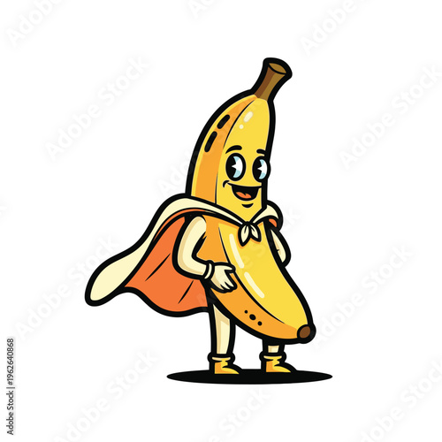 Cartoon banana superhero character standing.