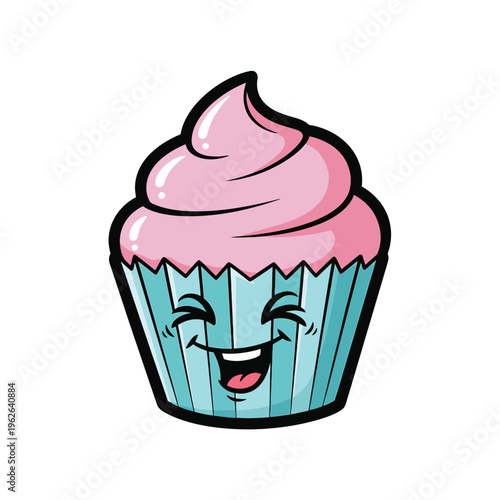 Colorful cartoon cupcake with pink frosting.