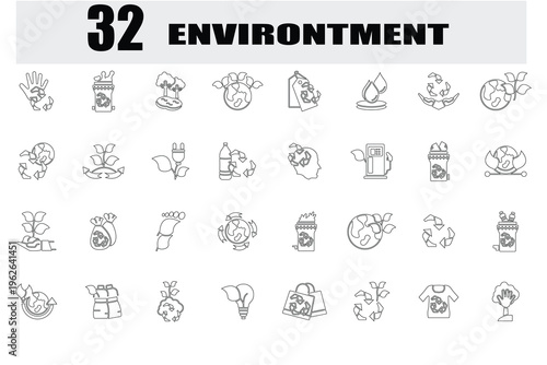 Minimal environment icon set featuring eco symbols, sustainability elements, nature icons, recycling signs, green energy concepts in clean outline style