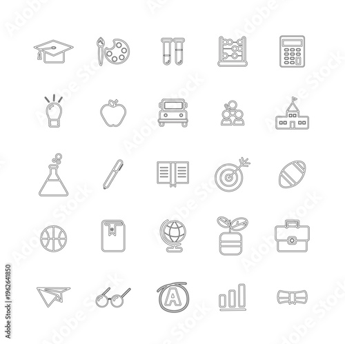 Education, creativity, technology, and productivity outline icon set including school, tools, business, communication, analytics, and learning symbols vector.