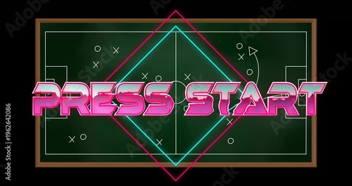 Press Start text animation over football strategy board with neon shapes