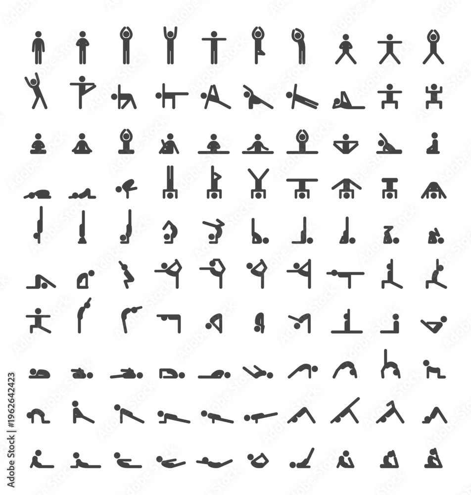 Fototapeta premium Collection of stylized white yoga pose icons on white background. Includes standing, seated, balancing, inverted and stretching positions. Perfect for fitness, wellness, instructional design, and yoga