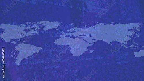 Code scrolling behind map starting pulsing rings around South America, Europe, Africa scanning data