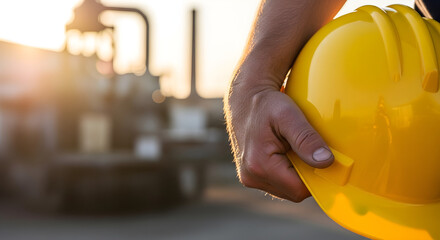 A symbolic close-up of worker hands holding a helmet representing dedication, hard work, and respect for labor.
