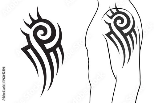Abstract tribal tattoo with spiral flame shapes designed for arm or shoulder placement. Bold black ornamental pattern with dynamic curves and modern tribal style. Suitable for tattoo studios body art 