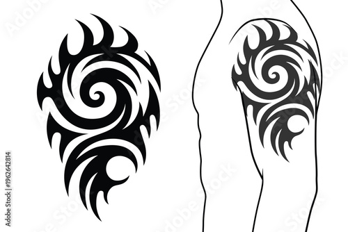 Abstract tribal tattoo with spiral flame shapes designed for arm or shoulder placement. Bold black ornamental pattern with dynamic curves and modern tribal style. Suitable for tattoo studios body art 
