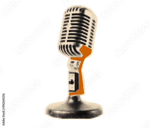 Halftone microphone cutout. Pop art collage element.  Retro mic zine sticker. Mix media design clipping.