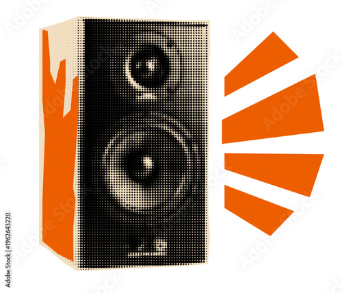 Halftone speaker cutout. Pop art collage sticker for scrapbook and mix media design. 