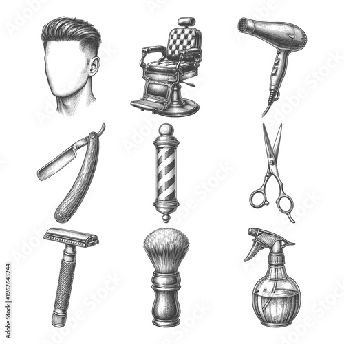 Vintage Barber Tools Collection Engraving Style Illustration Set with Haircut Elements